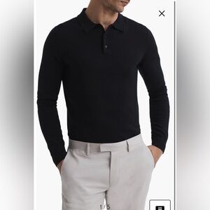 NWT- REISS Trafford Merino Wool Long-Sleeve Polo Shirt, Black, XL